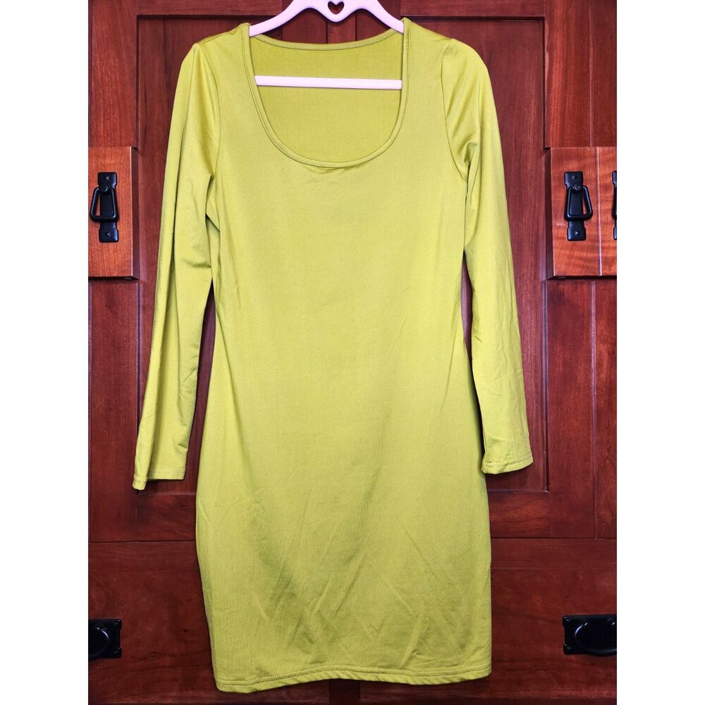 Chartreuse Yellow Green Body Con Dress Long Sleeve Scoop Neck Women's Size XL